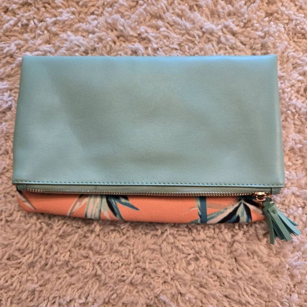 Rachel Pally Mint Leather & Tropical Print Fold Over Clutch Handbag Purse